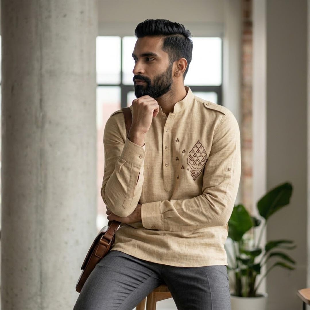 Cotton Short Mens Kurta-ELLE114166