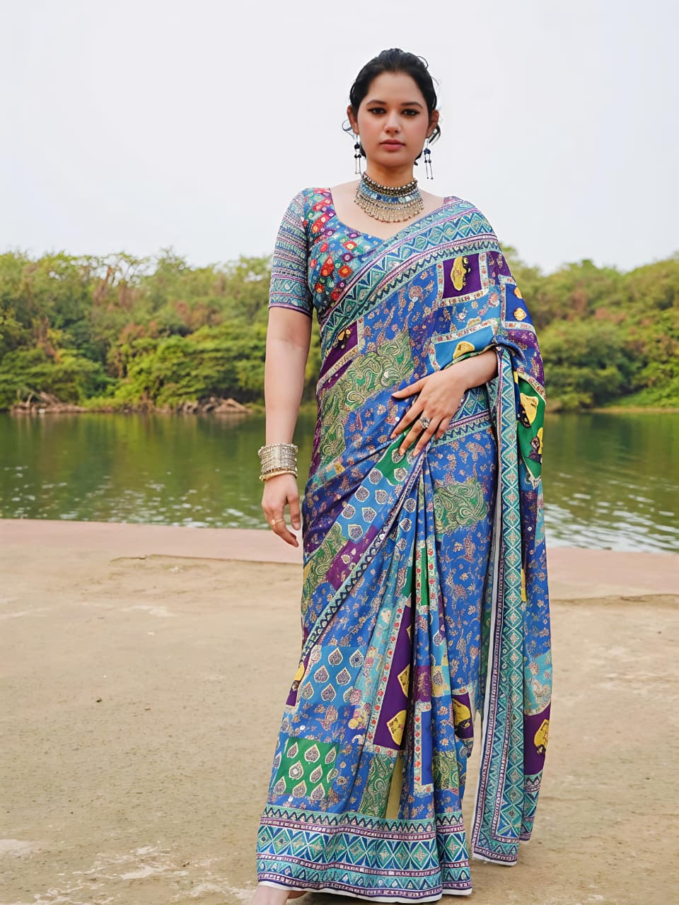 Chinnon Silk Digital print with real mirror work Saree-MANSH-00005