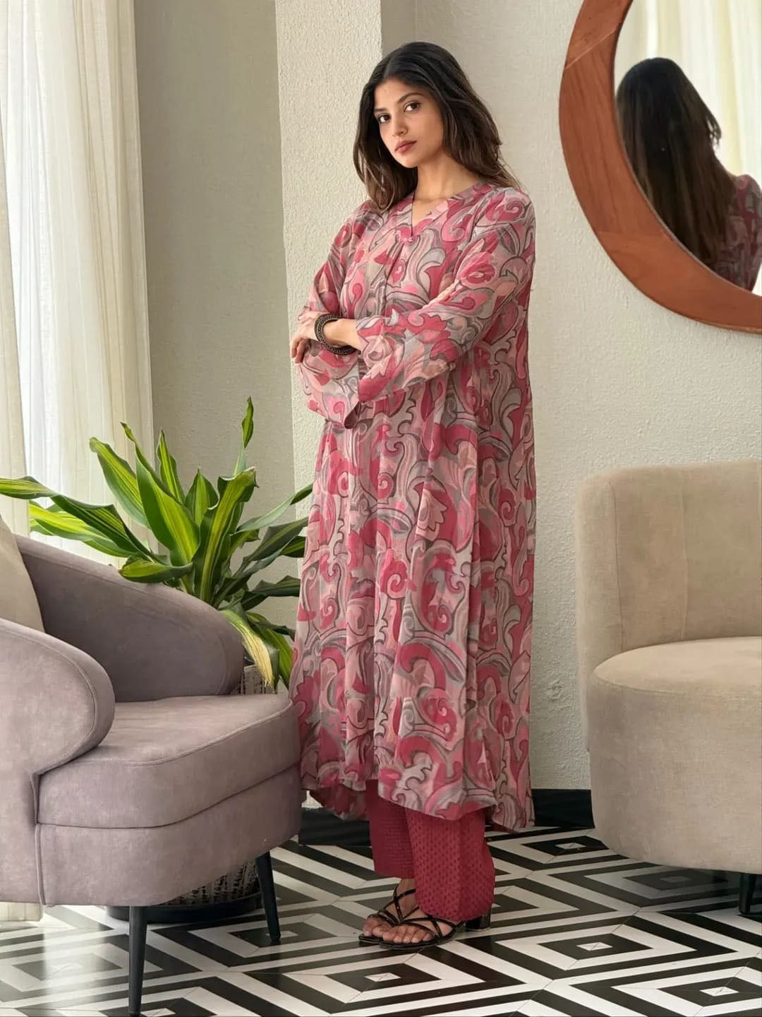 Chiffon Silk Anarkali Gown with Pant Set-MANSH-00006